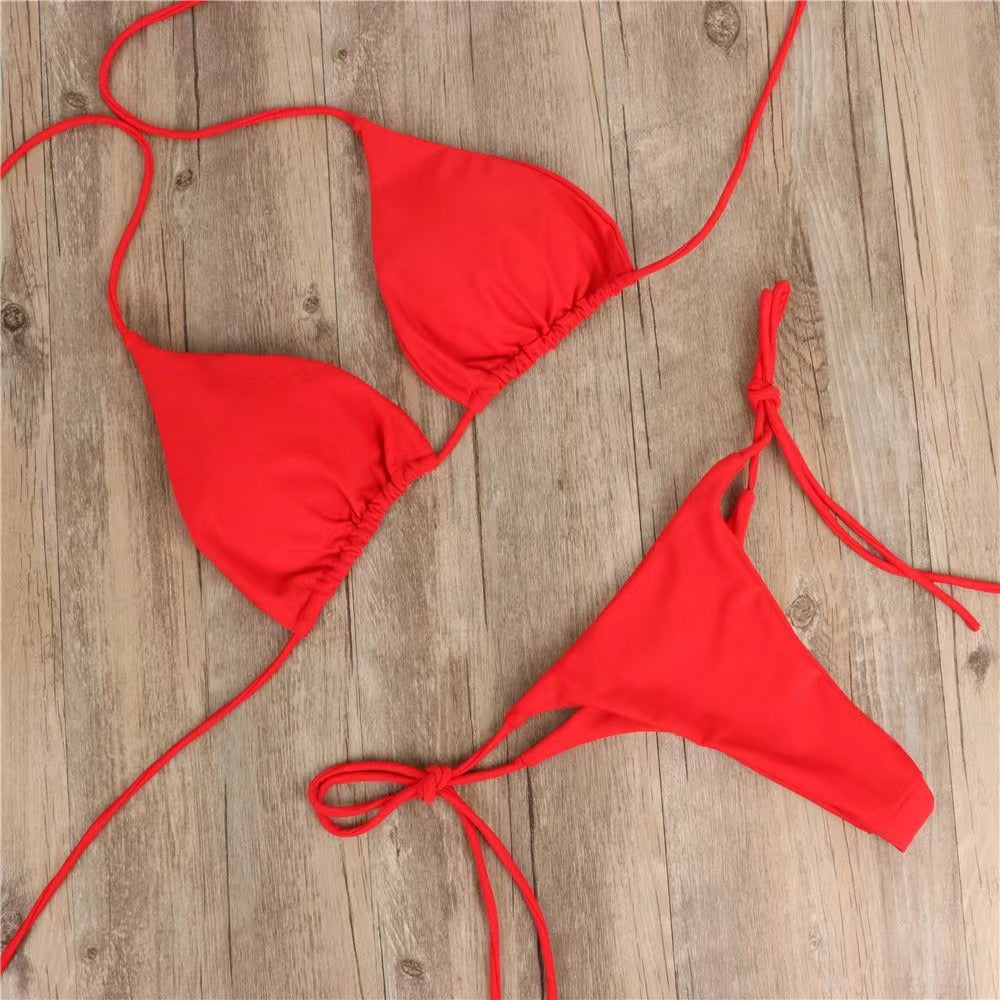 New European and American Bikini Swimsuit Solid Color Foreign Trade Three Point Sexy Swimsuit Women's Split Adjustable Lacing