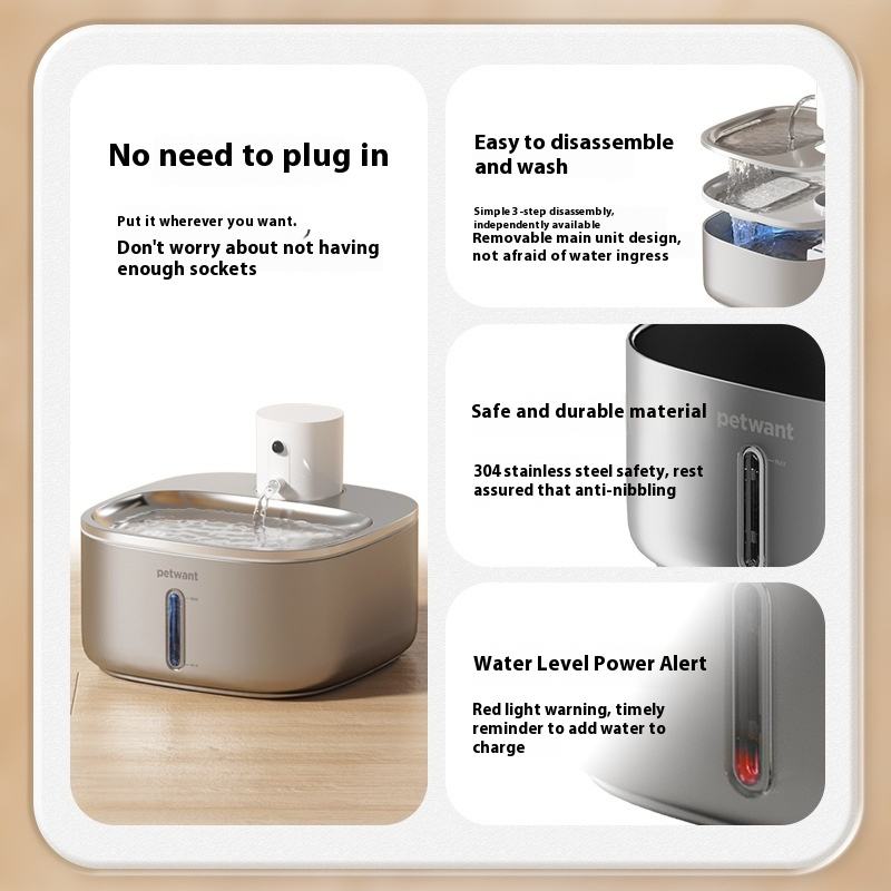 8 Unit Minimum for Wholesale 3.2L Stainless Steel Pet Water Dispenser Wireless Charging Automatic Cat Water Bowl Unplugged Bottle Box Packaging