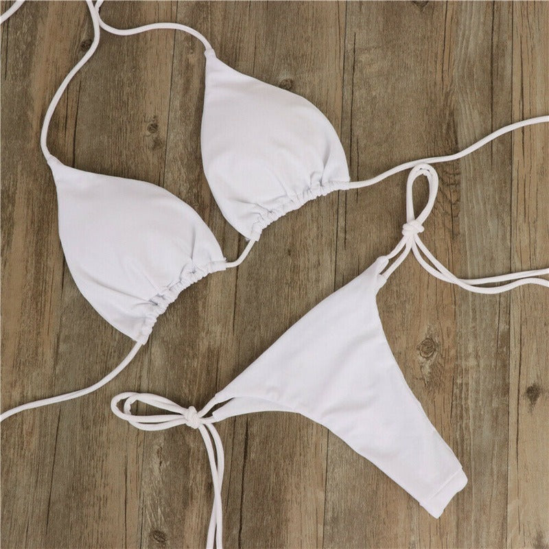 New European and American Bikini Swimsuit Solid Color Foreign Trade Three Point Sexy Swimsuit Women's Split Adjustable Lacing