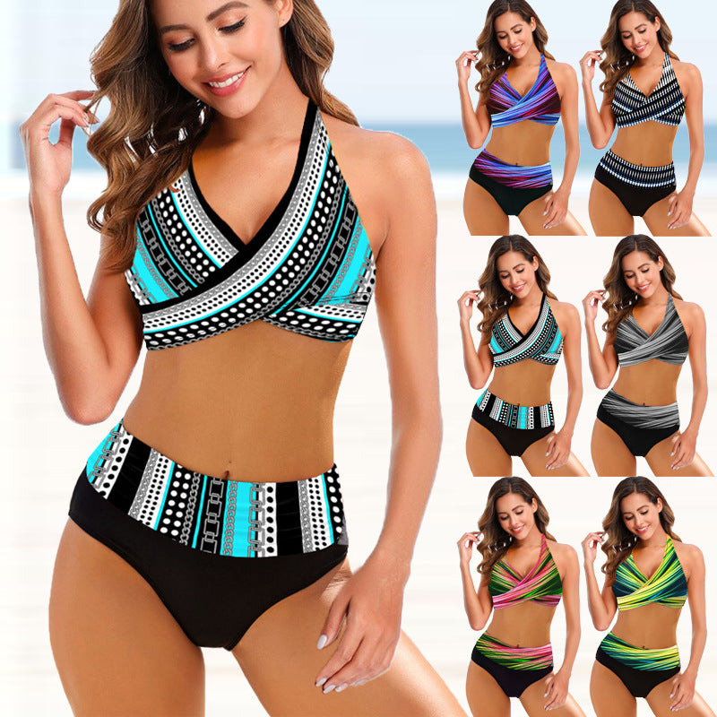 Women's split bikini striped tie dye hollow sexy high waisted bikini swimsuit