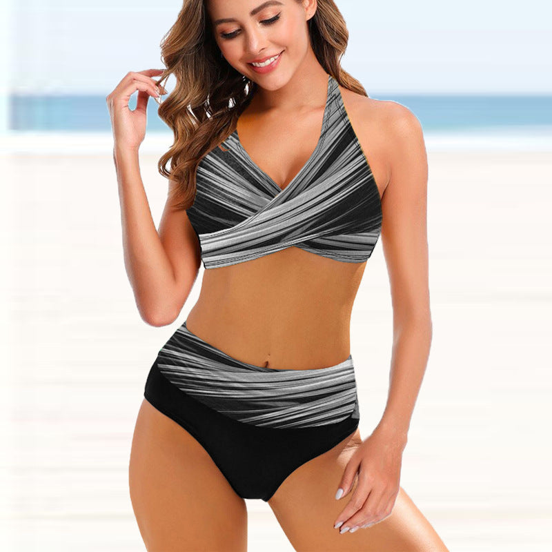 Women's split bikini striped tie dye hollow sexy high waisted bikini swimsuit
