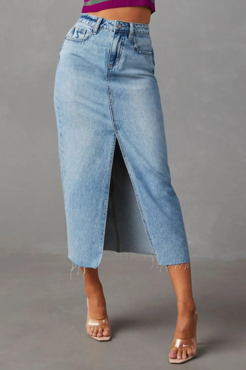 A-line slit slimming denim half length skirt