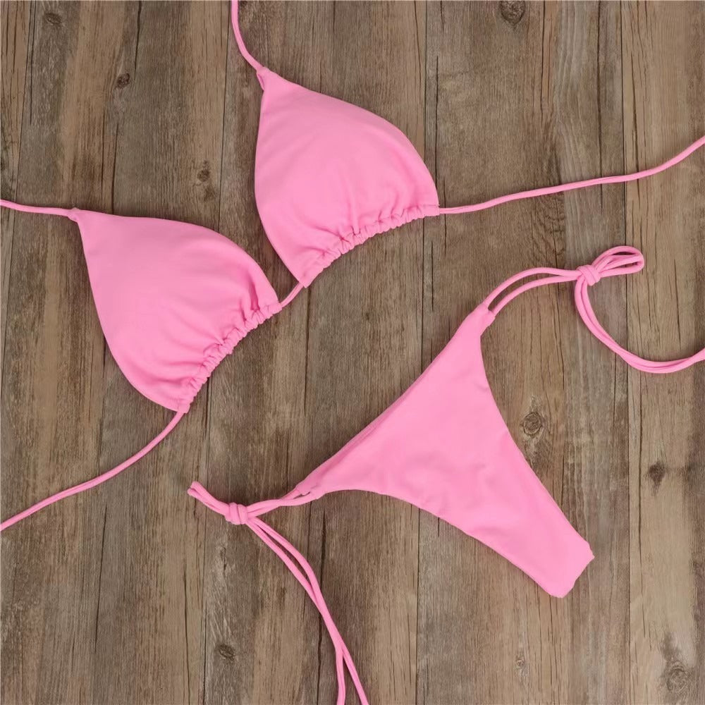 New European and American Bikini Swimsuit Solid Color Foreign Trade Three Point Sexy Swimsuit Women's Split Adjustable Lacing