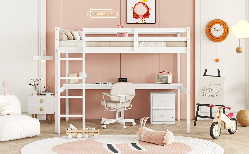 Twin Loft Wood Bed with Under-bed, Built-in Desk, a Storage Cabinet of 2 Drawers, Guardrails, Ladder,White