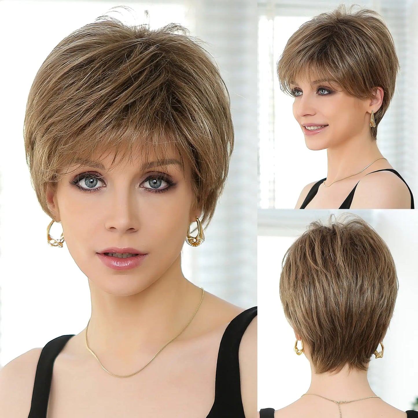 HAIRCUBE Human-hair Like Texture Short Light Brown Pixie Cut Wigs for Women with Bangs Synthetic Replacement Wigs