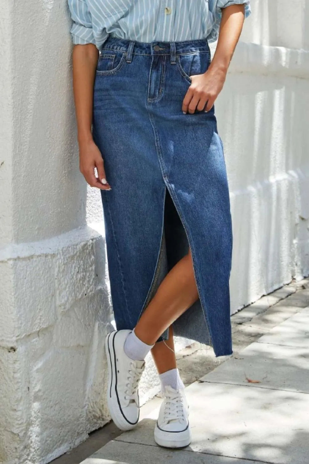 A-line slit slimming denim half length skirt