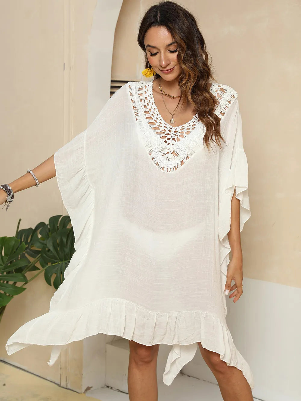 Women's hand hook patchwork ruffle edge beach skirt bikini outer cover shirt