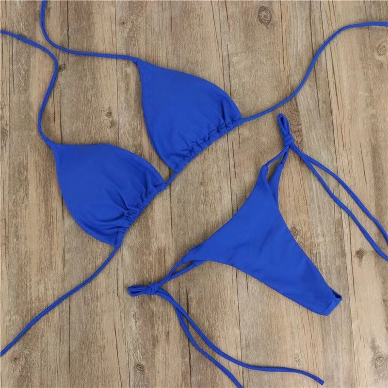 New European and American Bikini Swimsuit Solid Color Foreign Trade Three Point Sexy Swimsuit Women's Split Adjustable Lacing