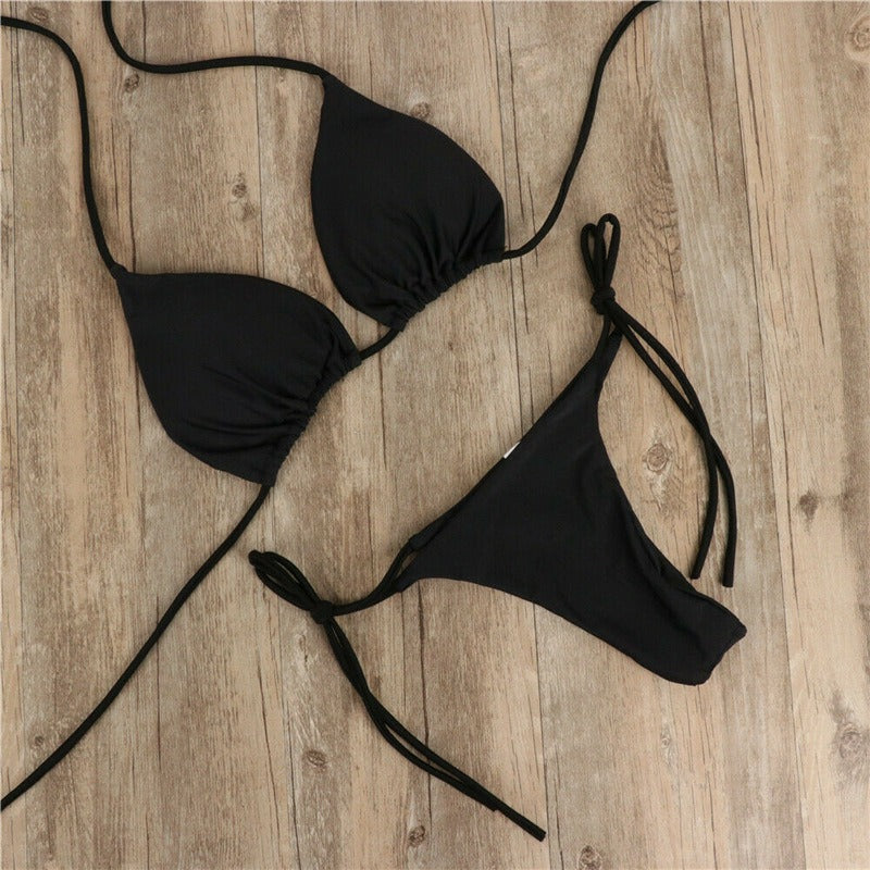 New European and American Bikini Swimsuit Solid Color Foreign Trade Three Point Sexy Swimsuit Women's Split Adjustable Lacing