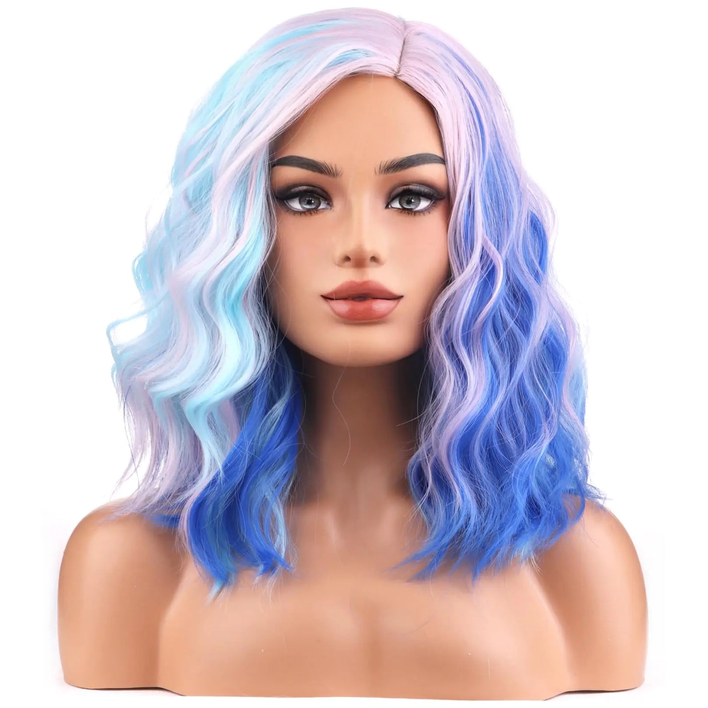 BERON Pink and Blue Wigs for Womens Short Curly Wavy Wig Girls Colorful Side Part Wigs Shoulder Length Heat Resistant Synthetic Cosplay Party or Daily Used Wigs