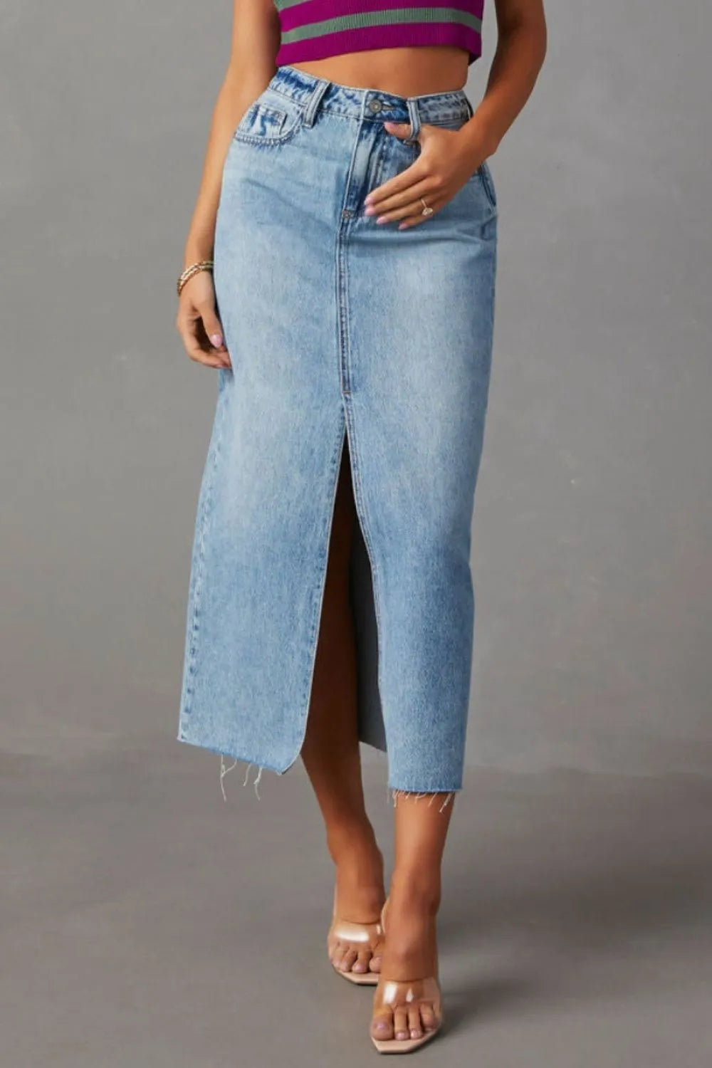 A-line slit slimming denim half length skirt