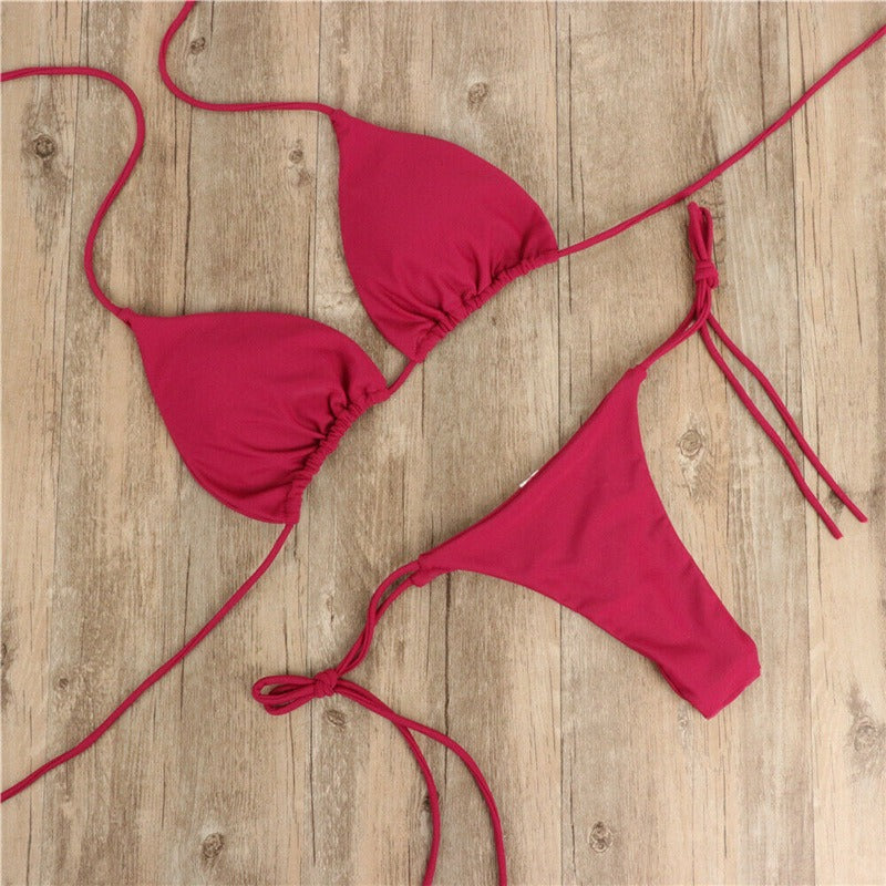 New European and American Bikini Swimsuit Solid Color Foreign Trade Three Point Sexy Swimsuit Women's Split Adjustable Lacing