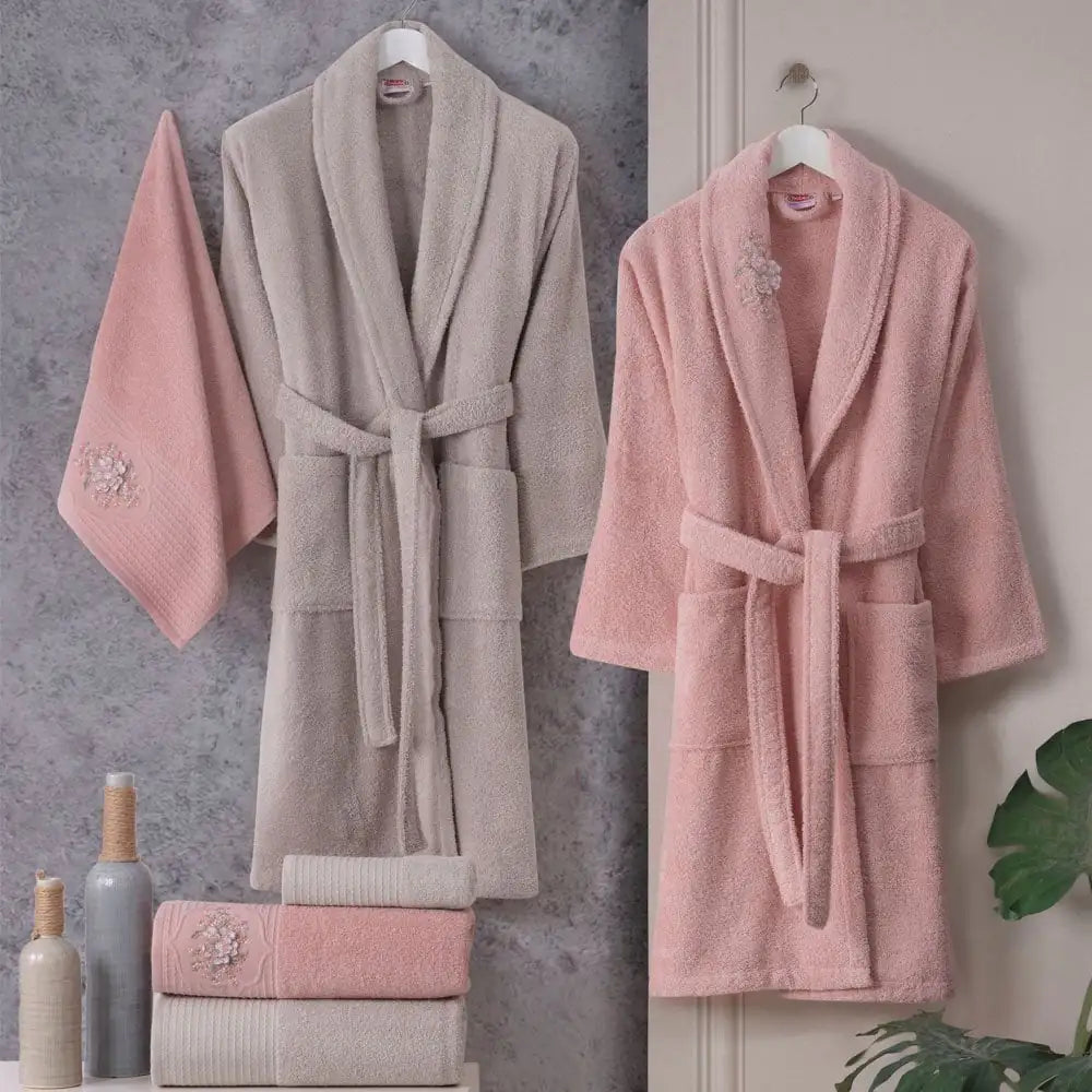 Hobby Line - Cotton Bathrobe Set - Pink K. Beige