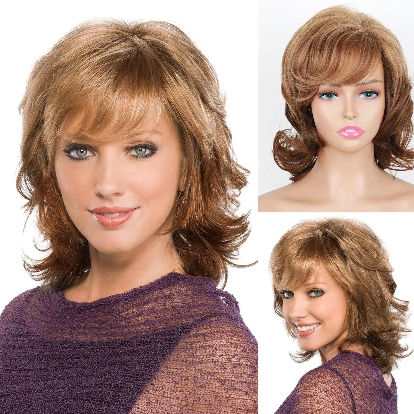 Matthia Light Honey Brown Short Hair Wigs for White Women Short Curly Pixie Cut Wigs with Bangs Charming Synthetic Glueless Layered Wavy Brown Wigs For Daily Use