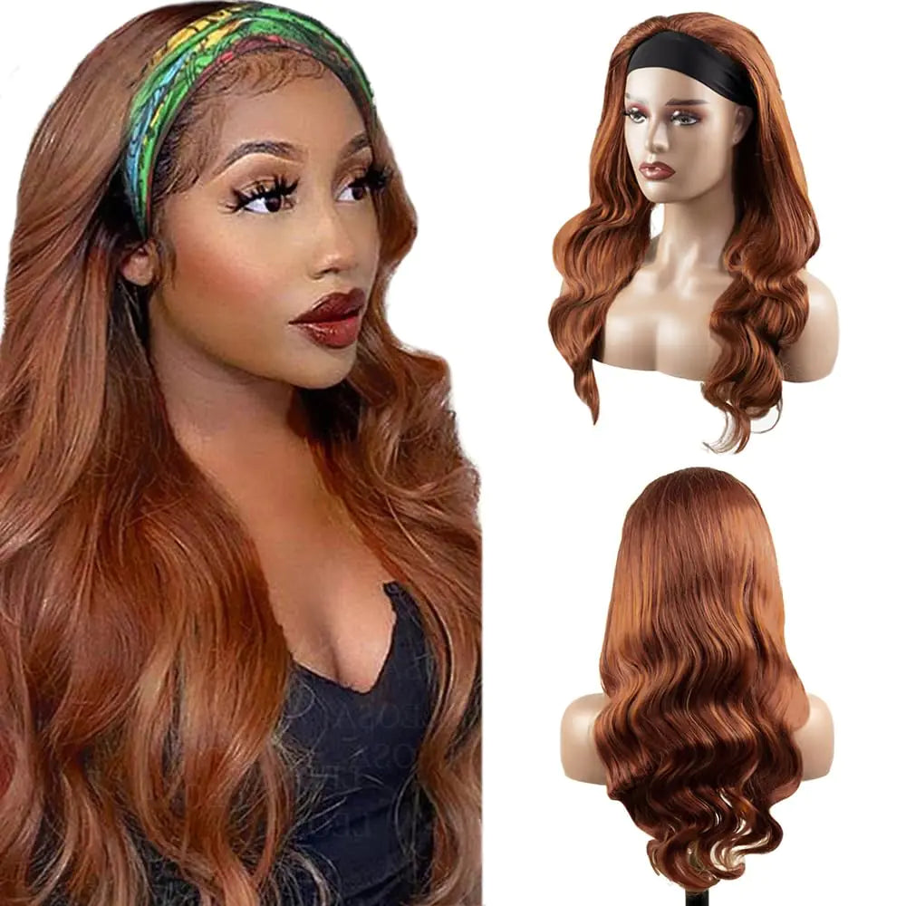 14 Inch P1b99j Burgundy Headband Wigs Human Hair Highlight Red Body Wave Headband Wigs 150% Density Brazilian Virgin Hair Glueless None Lace Front Wigs Full Head Machine Made Half Wigs For Women