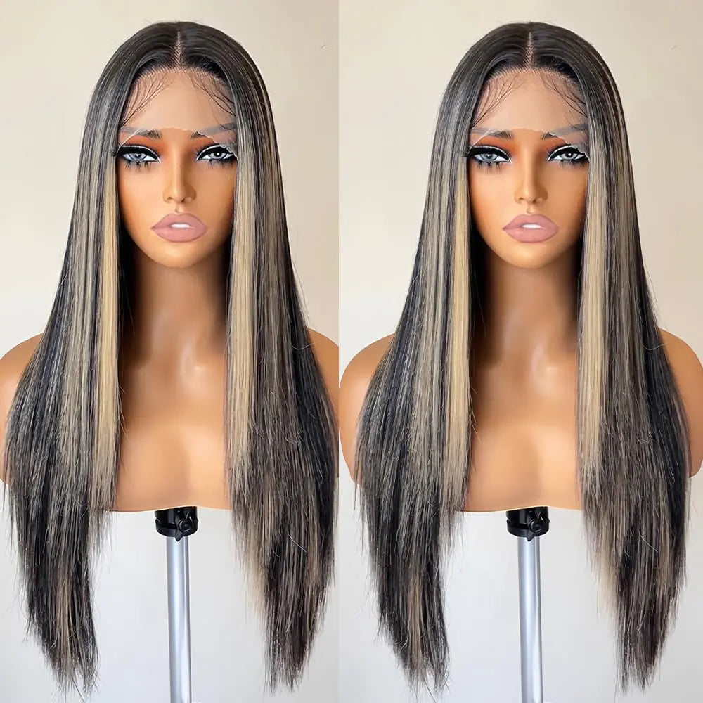 FABÉLLE Honey Blonde Highlight Lace Front Wigs 13x4x1 HD Lace Long Straight Glueless Wigs Pre Plucked Highlight Wigs Yaki Straight Synthetic Lace Front Wig 26 Inch