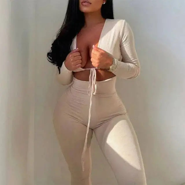 Jumpsuits Bandage Tie Sexy Hollow Out Long Sleeve Bodycon