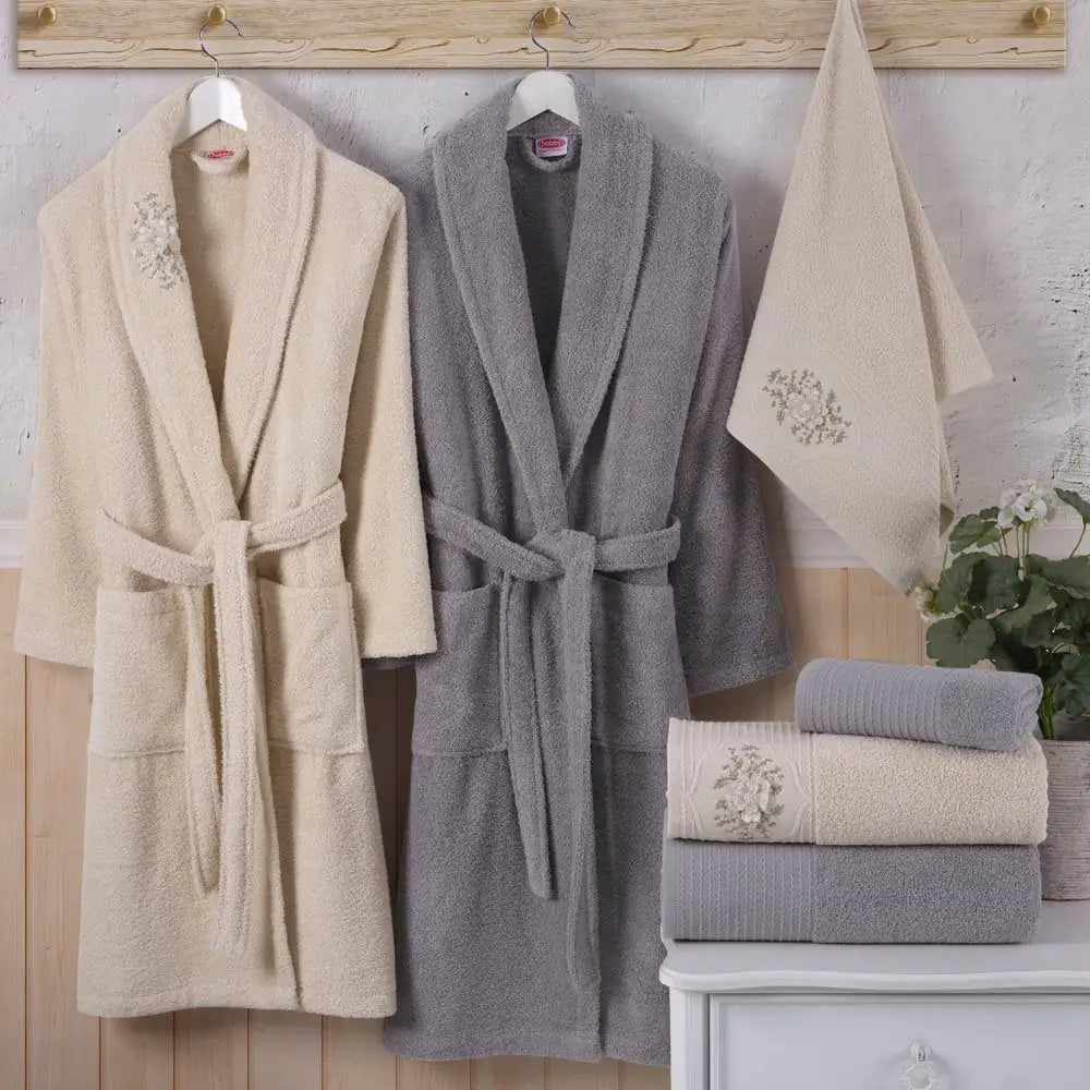 Hobby Line - Cotton Bathrobe Set - Cream Gray