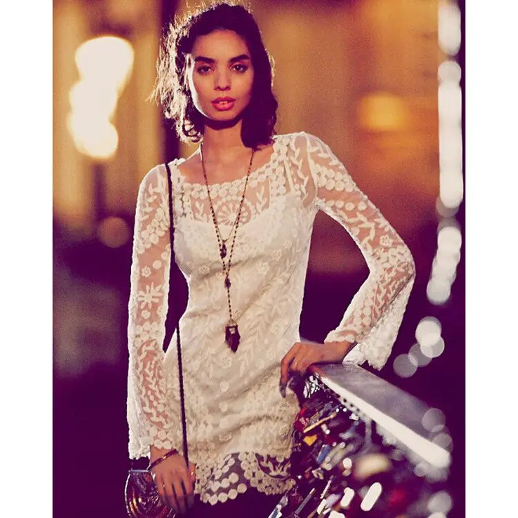 2021 hot sale flower pattern long sleeve loose hook beach dress women's hollow out sexy lace dress elegant sexy lace beach dress