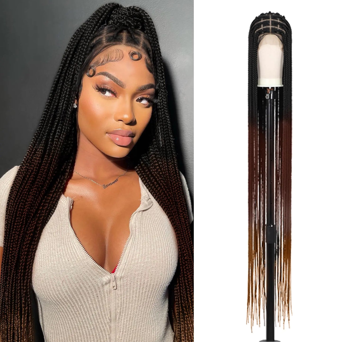 Zurffiy 56" Knotless Braided Wigs for Women Box Braid Wig with Baby Hair Full Double Lace Braided Wigs Human Hair Blended Super Long Lace Front Braided Wigs Mix Brown and Light Brown