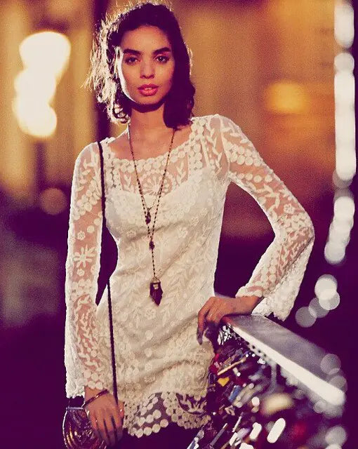 2021 hot sale flower pattern long sleeve loose hook beach dress women's hollow out sexy lace dress elegant sexy lace beach dress