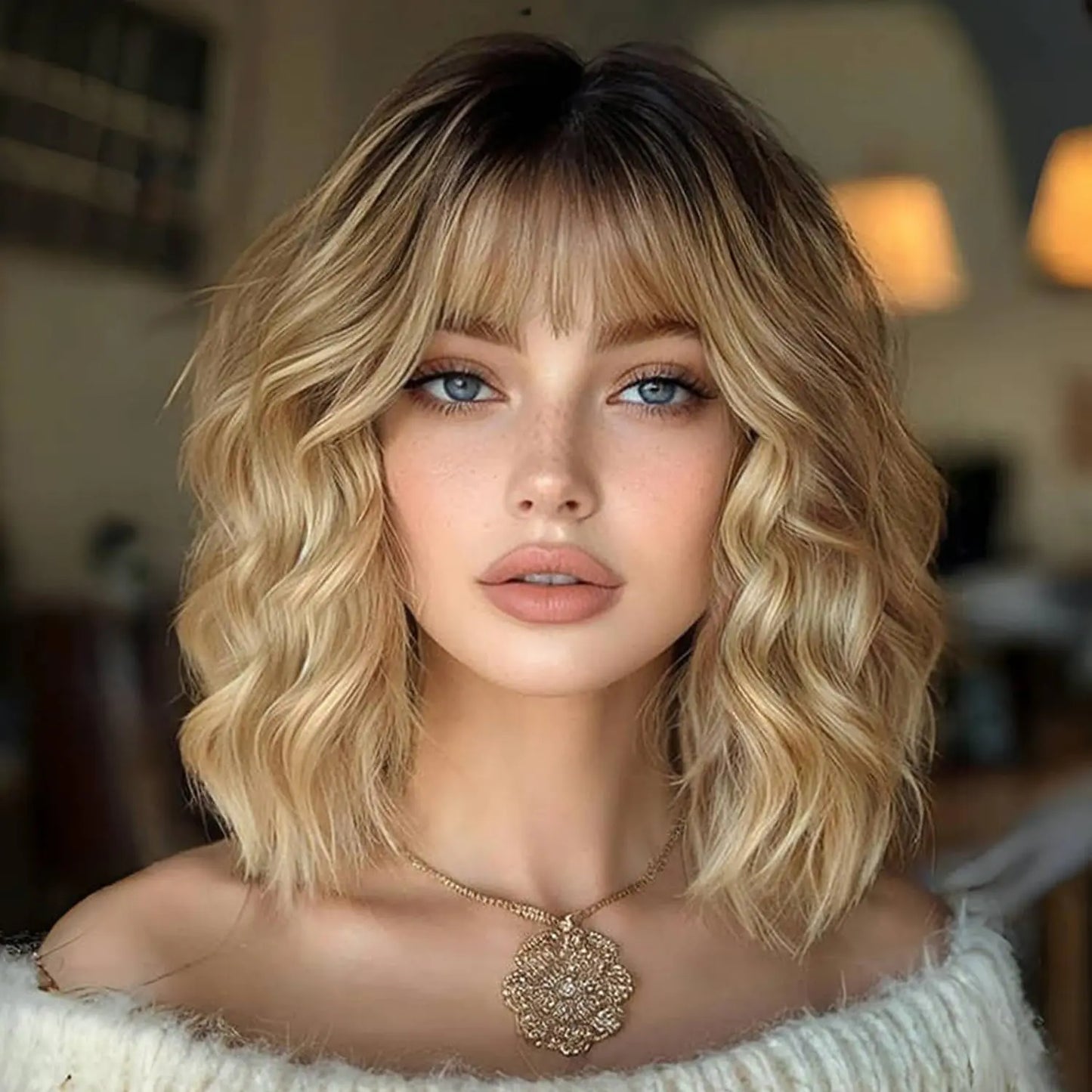 ENTRANCED STYLES Ombre Blonde Wigs with Bangs Blond Wig for Womeh 14Inch Short Wavy Wigs Shoulder Length Wigs for Girl Natural Looking Synthetic Heat Resistant Fiber Hair for Daily Party Halloween Use