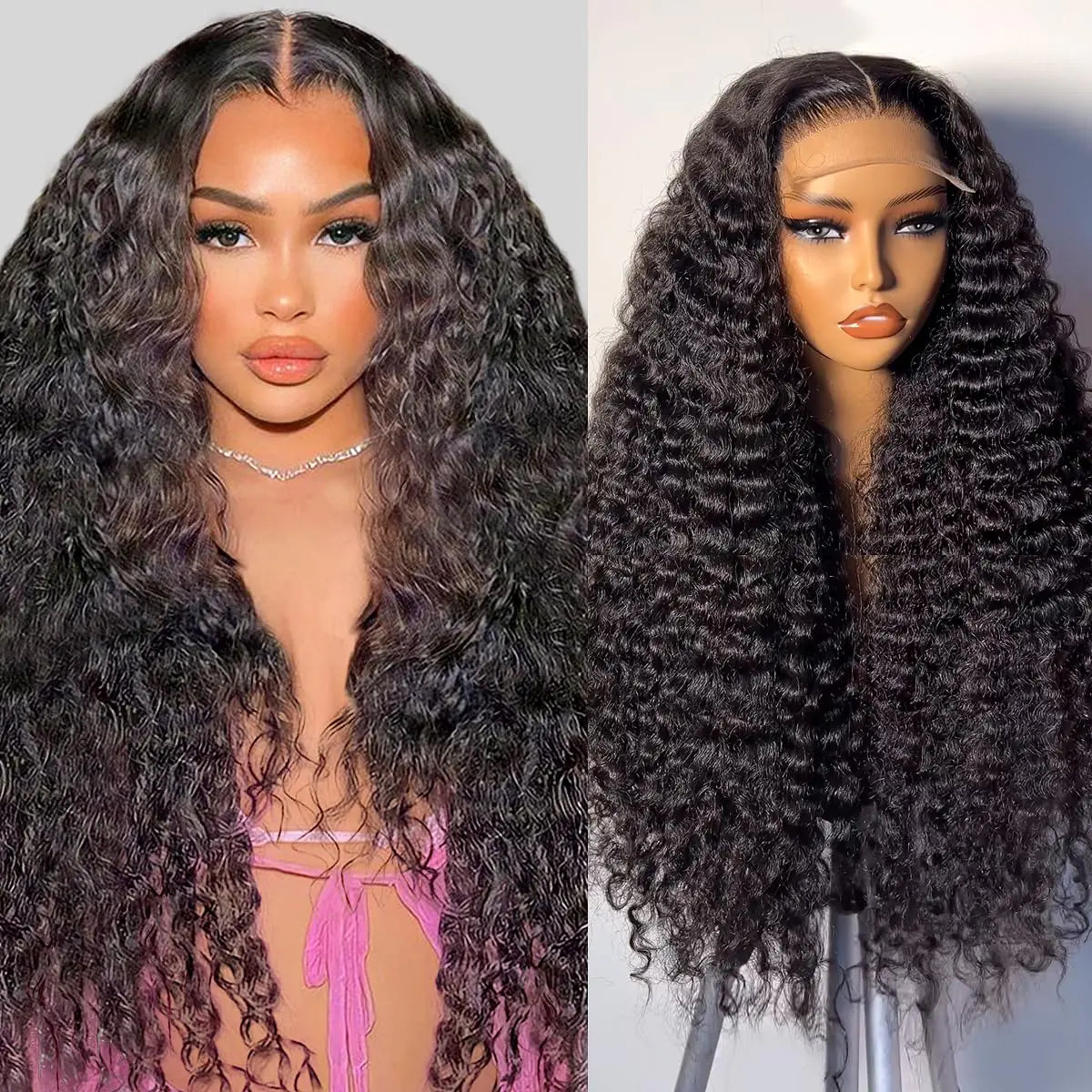 Lace Closure Wigs Human Hair Deep Wave Pre Plucked 5x5 Curly HD Transparent Lace Front Wigs with Baby Hair 180 Density Gluesless Human Hair Wigs for Women Natural Black Color 22 Inch
