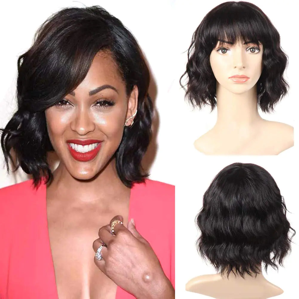PANEWAY Body Wave Human Hair Wigs With Bangs Short Wavy Bob Wig Human Hair Wigs For Black Women Brazilian Virgin Human Hair Wigs 130% Density Natural Color (10 inch)