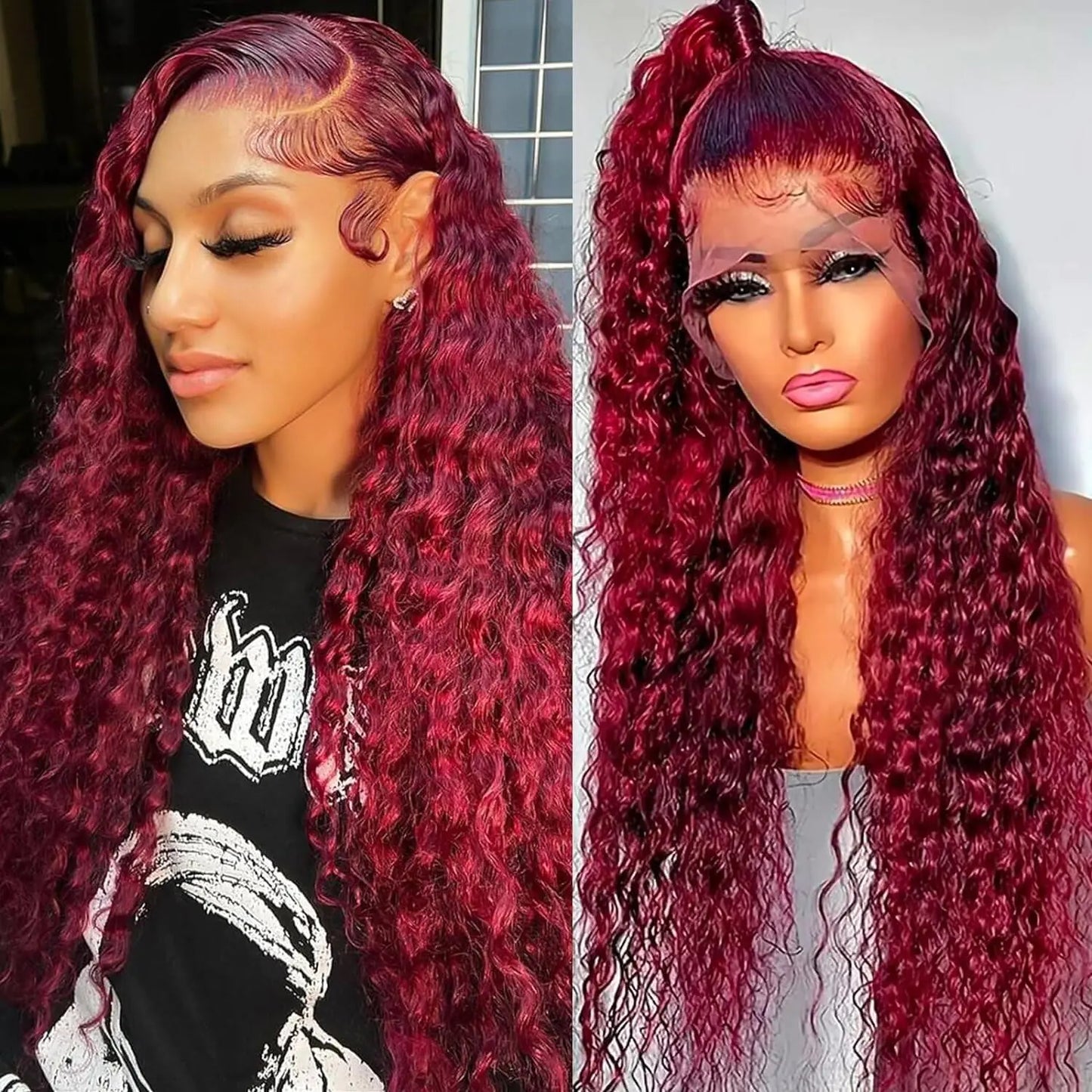 Larhali 99J HD Lace Front Wigs Human Hair Pre Plucked 180% Density Burgundy 13x6 Deep Wave Frontal Wigs Natural Hairline Human Hair Wigs for Black Women(32 Inch)