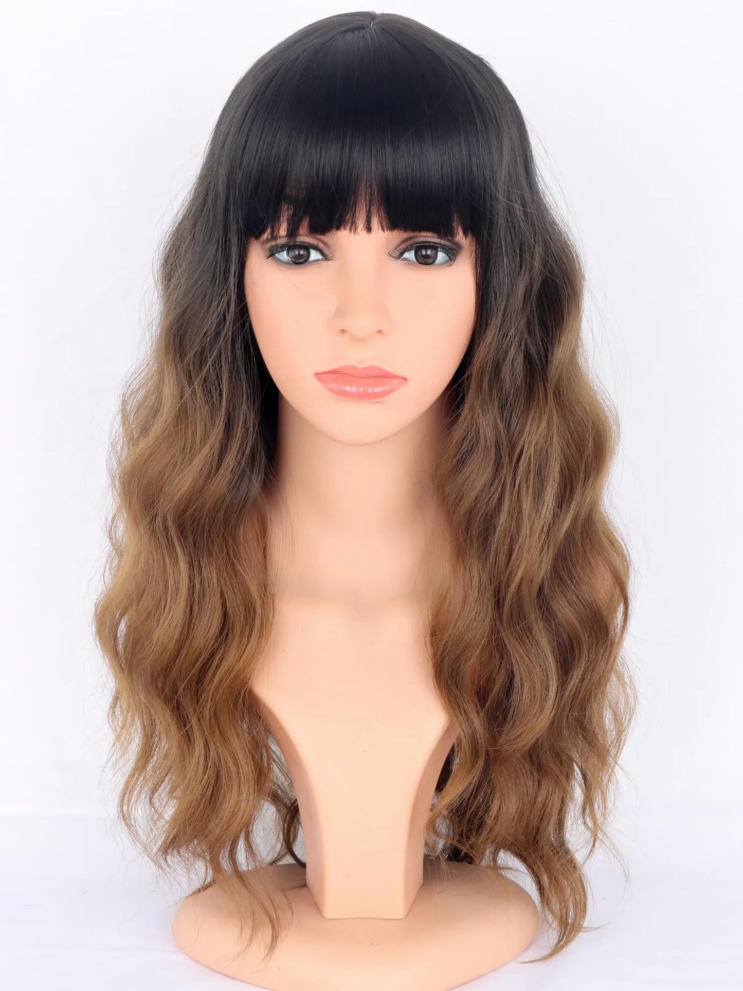 SYMEIW Ombre Brown Wavy Wigs with Bangs for Women Medium Long Brown Synthetic Wigs Natural Wavy Black To Brown Wigs Heat Resistant for Daily Party Use