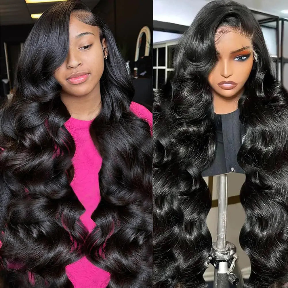 LADYWOW Body Wave Lace Front Wigs Human Hair 13x4 Lace Frontal Wigs for Black Women Body Wave Lace Front Wigs Human Hair 200% Density Glueless Wigs for Black Women Natural Black 30 Inch