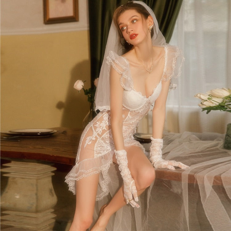 Thin Lace Perspective Mesh Long Bridal Dress Wedding Gown Nightwear Seduction Funny Role Playing Uniform