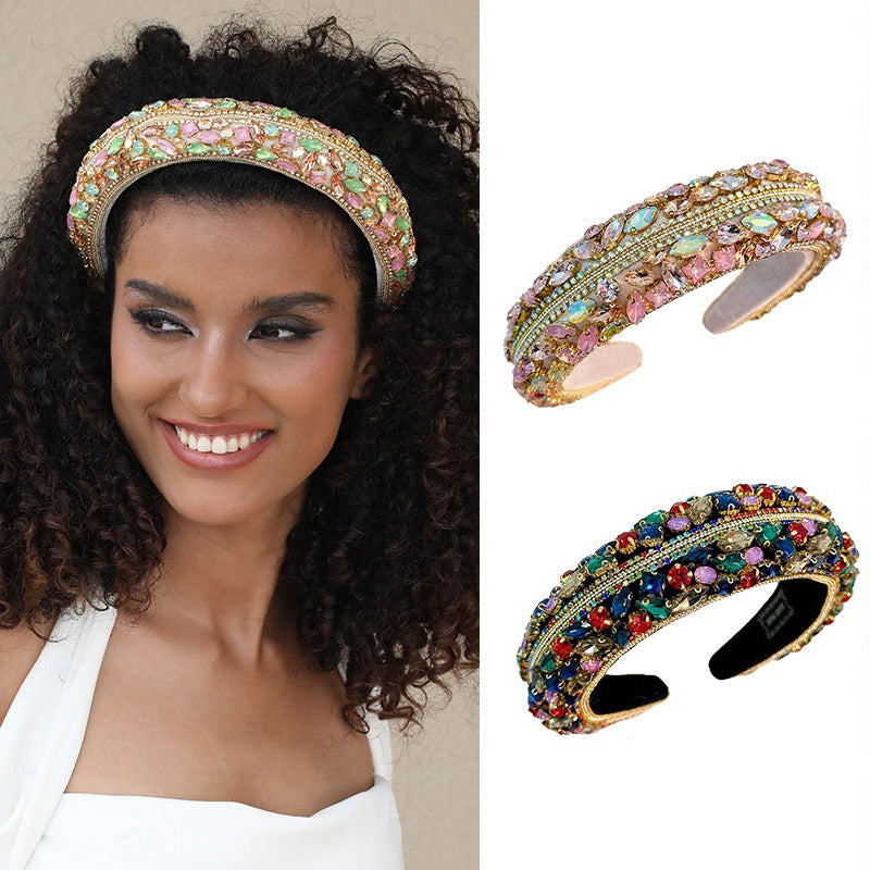 Baroque retro exaggerated colored glass diamond hair hoop women's flannel wide edge hair accessories