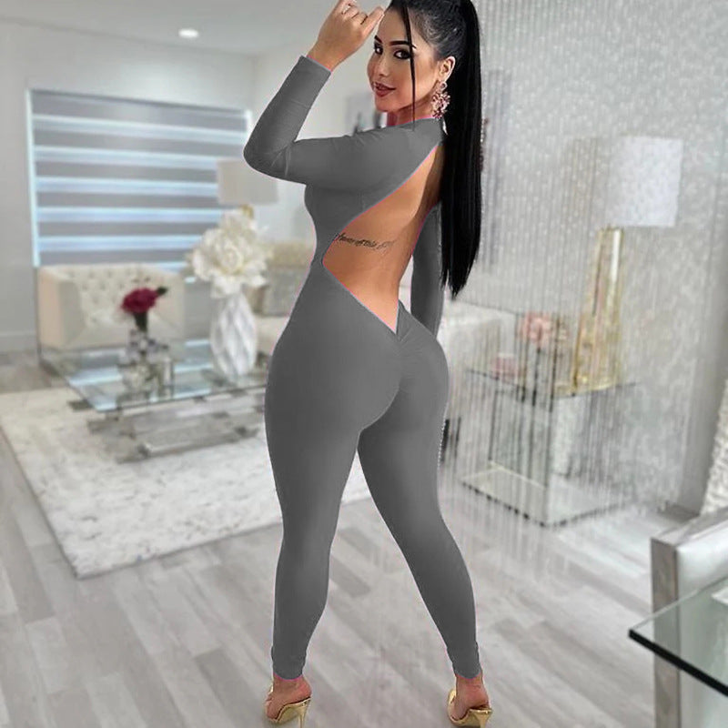 Deep V-neck long sleeved leggings for women's fashion backless tight jumpsuit