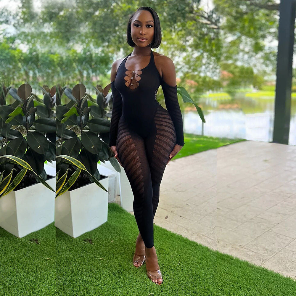 Female solid color hanging neck sleeveless hollow perspective backless sexy tight jumpsuit