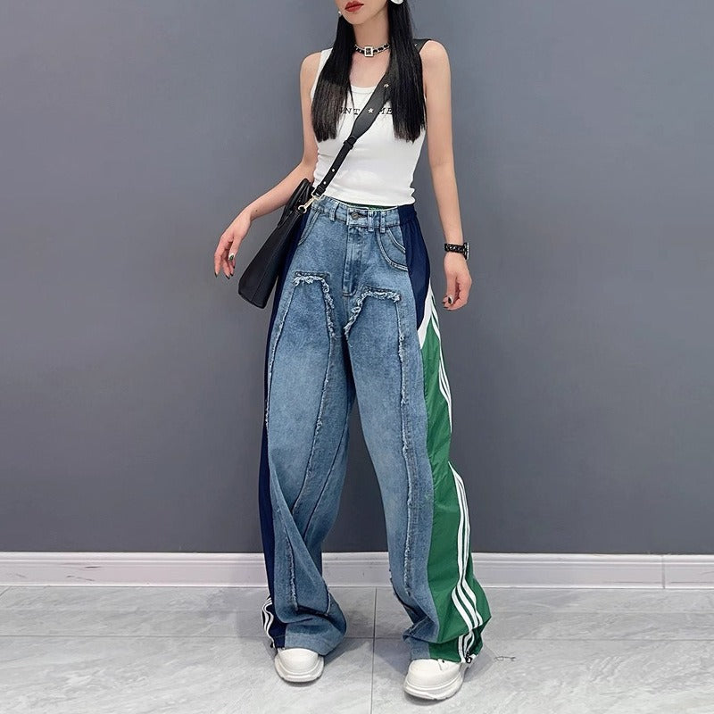 European street color blocked patchwork jeans for women's summer new style, loose and slimming, fashionable and stylish straight