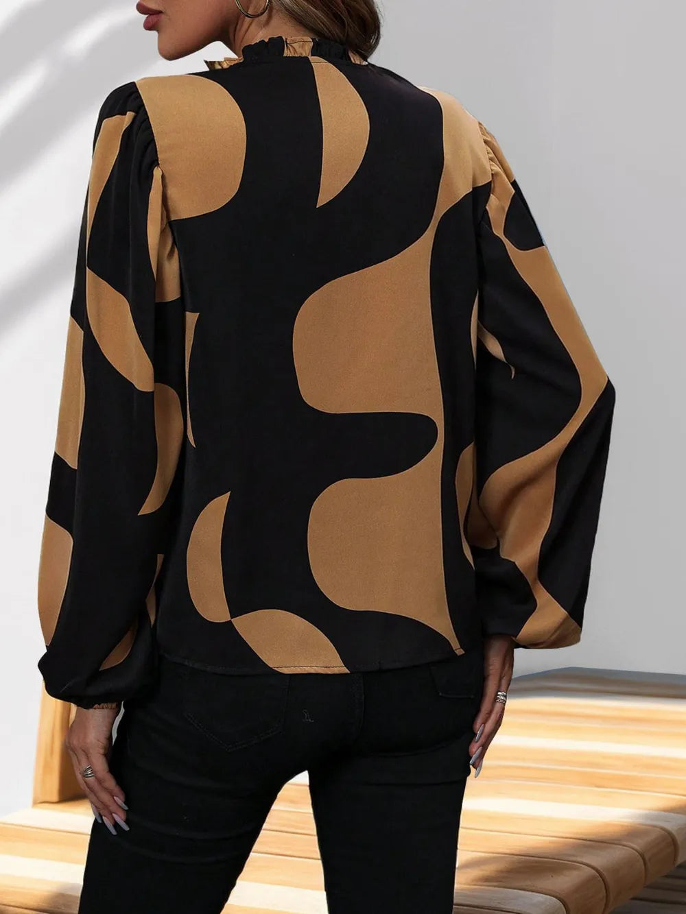 Commuting leisure bubble sleeves stand up collar abstract print lining