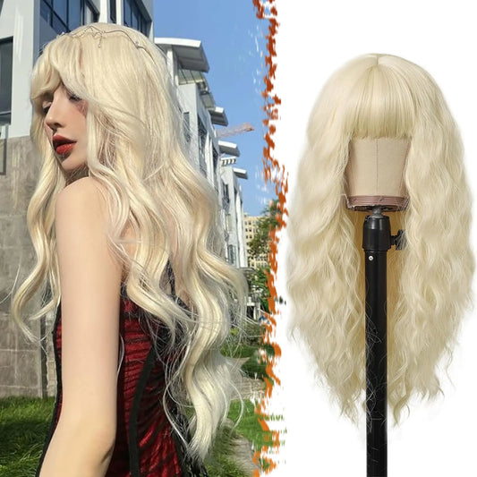 BARSDAR Long Platinum Blonde Wigs With Bangs - 26 Inch Long Wavy Wig With Bangs for Women - Natural Looking Synthetic Hair Daenerys Wigs Daily Cosplay Halloween Wigs - Platinum Blonde
