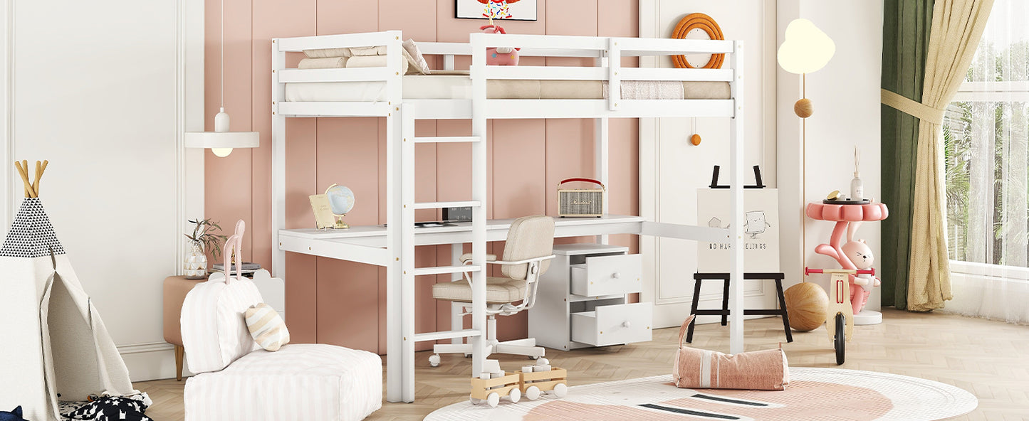 Twin Loft Wood Bed with Under-bed, Built-in Desk, a Storage Cabinet of 2 Drawers, Guardrails, Ladder,White