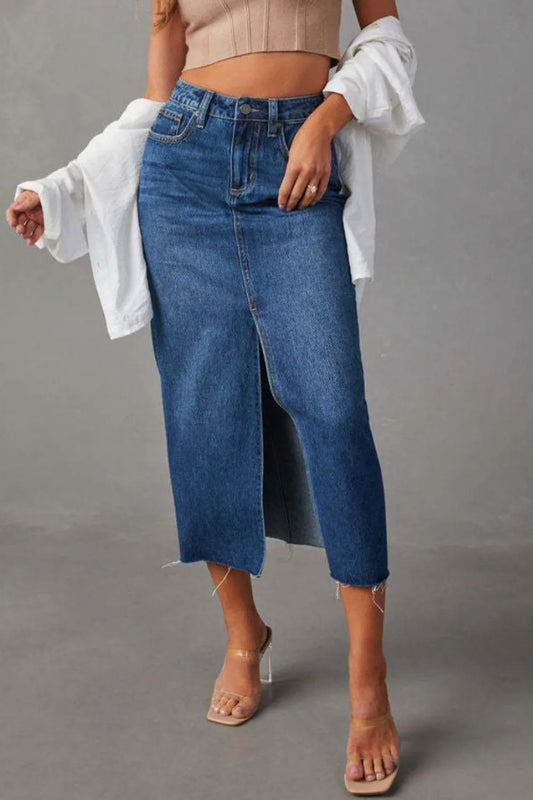 A-line slit slimming denim half length skirt
