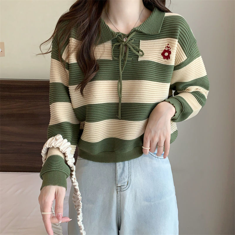 Artistic top with retro striped knit design lazy style sweater