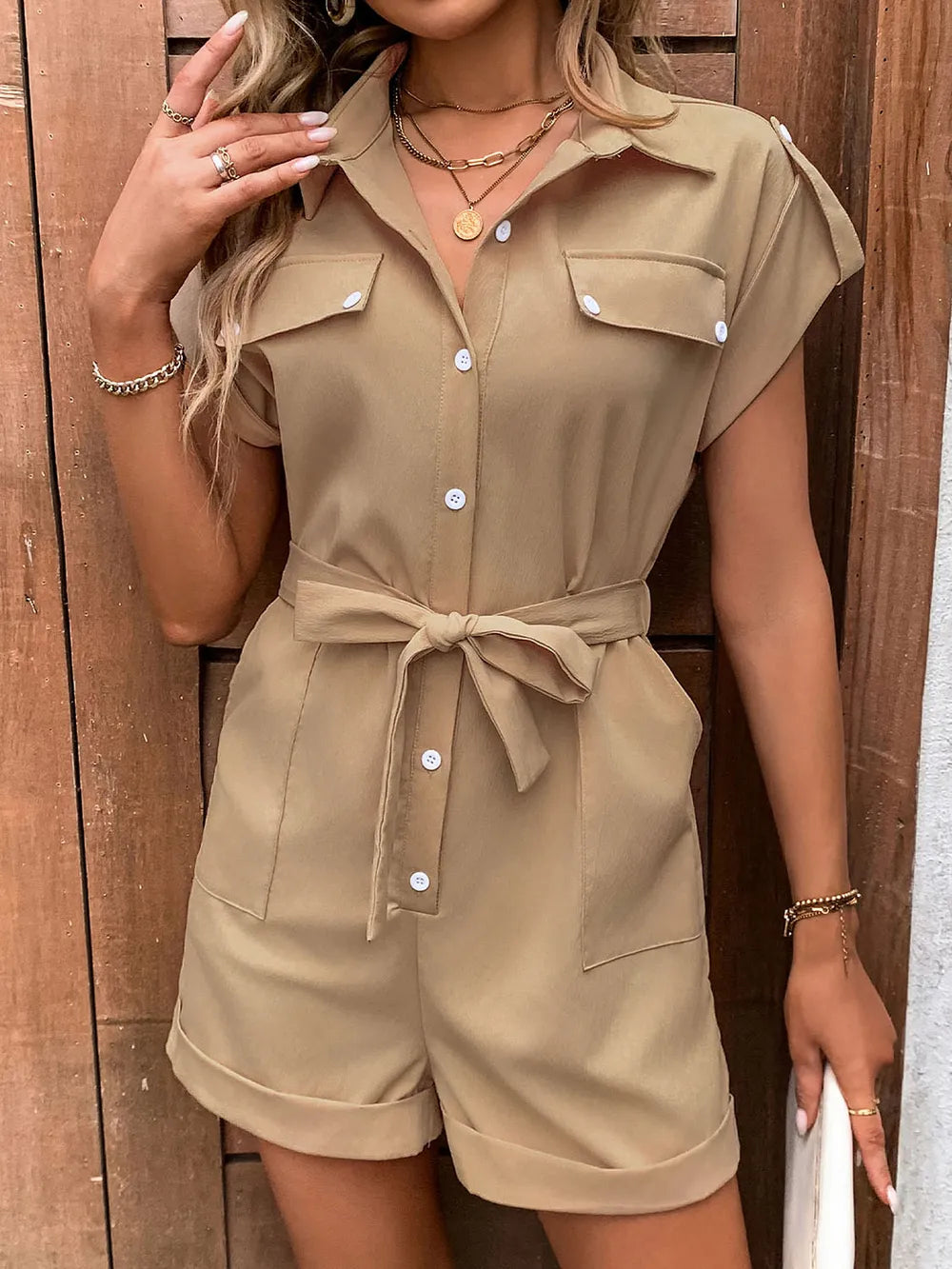 Simple casual workwear style button up tie shirt collar solid color jumpsuit