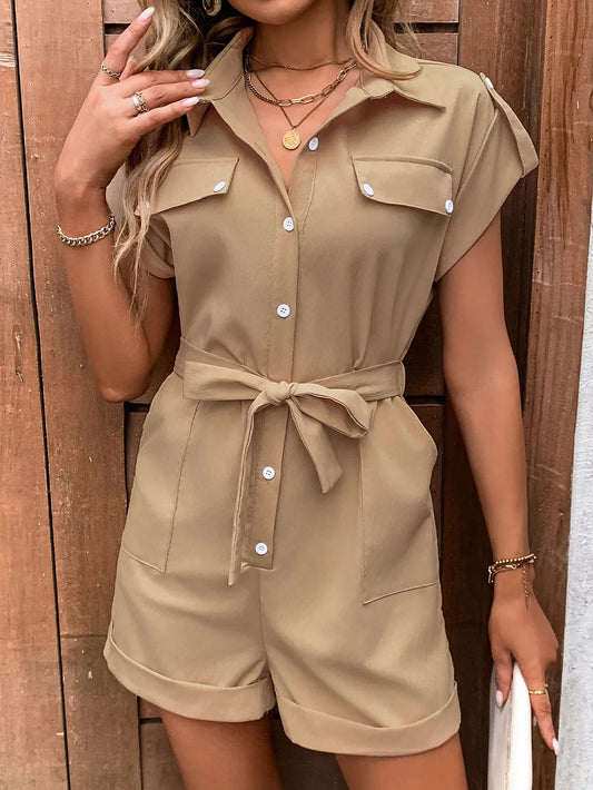 Simple casual workwear style button up tie shirt collar solid color jumpsuit