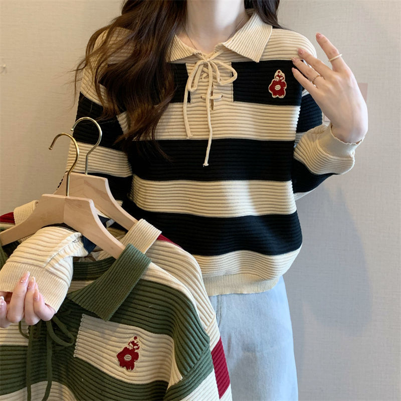 Artistic top with retro striped knit design lazy style sweater
