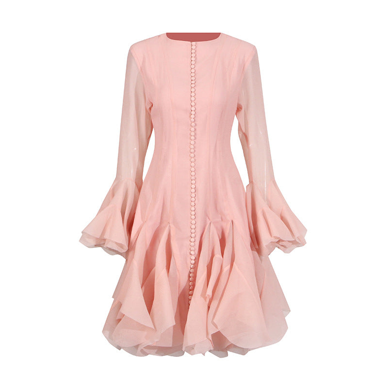 Round neck splicing ruffled mid-length skirt trumpet sleeve mid-length dress for women
