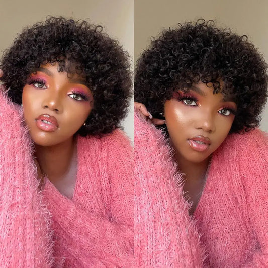 Spotlight Short Bob Wigs 8 inch Water Wave Human Hair Bob Wigs for Black Women Brazilian Virgin Human Hair Wigs with Bangs Natural Looking Dark Brown Color
