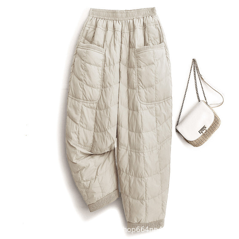Fashionable loose elastic waist down cotton casual pants thick and warm down pants