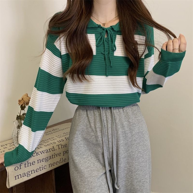 Artistic top with retro striped knit design lazy style sweater