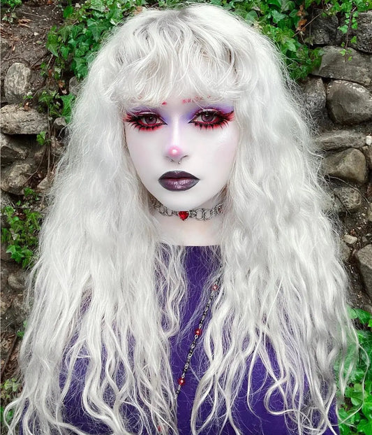 Daiaces White Curly Wigs with Bangs for Women Long Soft Curly Wavy Wigs Natural Synthetic Hair Party Halloween Costume Cosplay Wigs