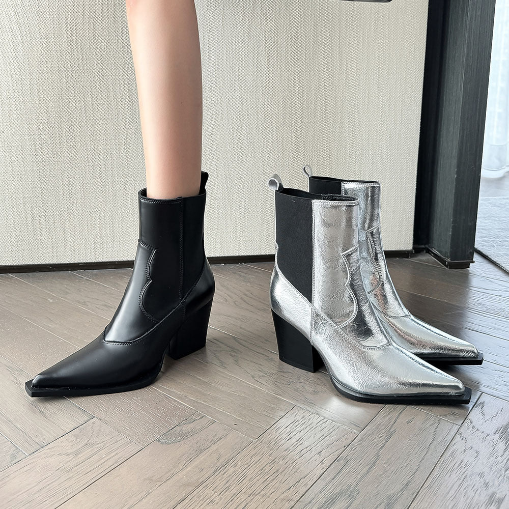 Pointed splicing sleeve, thick high-heeled fashion boots, women's boots